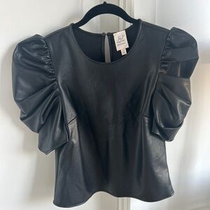 Cinq a sept faux leather puff sleeve top